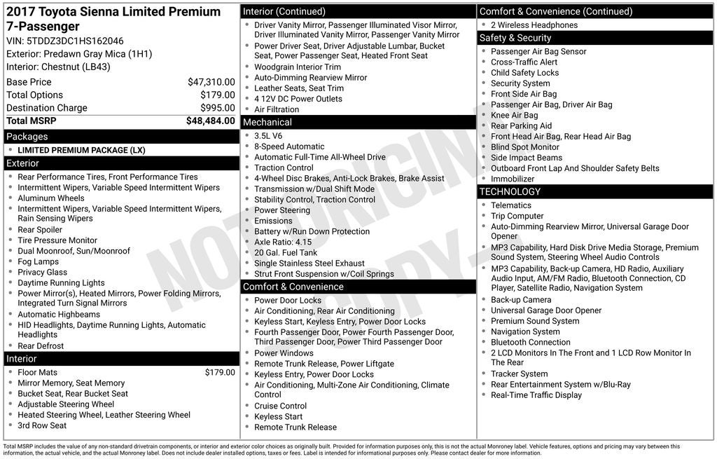 2017 Toyota SIENNA LTD PREM Limited Premium 7 Passenger