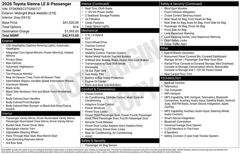 2026 Toyota Sienna LE 7 Passenger